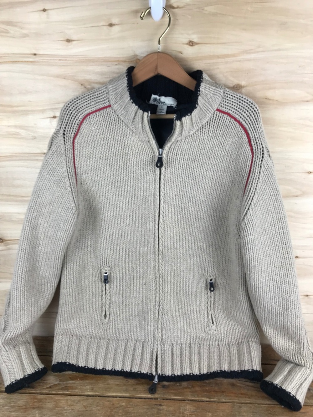 Neve Designs Mock Neck Full Zip Wool Sweater Jacket Zip Pockets Tan Size L